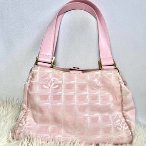 2000s Authentic Baby Pink Chanel Travel Monogram Purse with CC and Chanel Clover